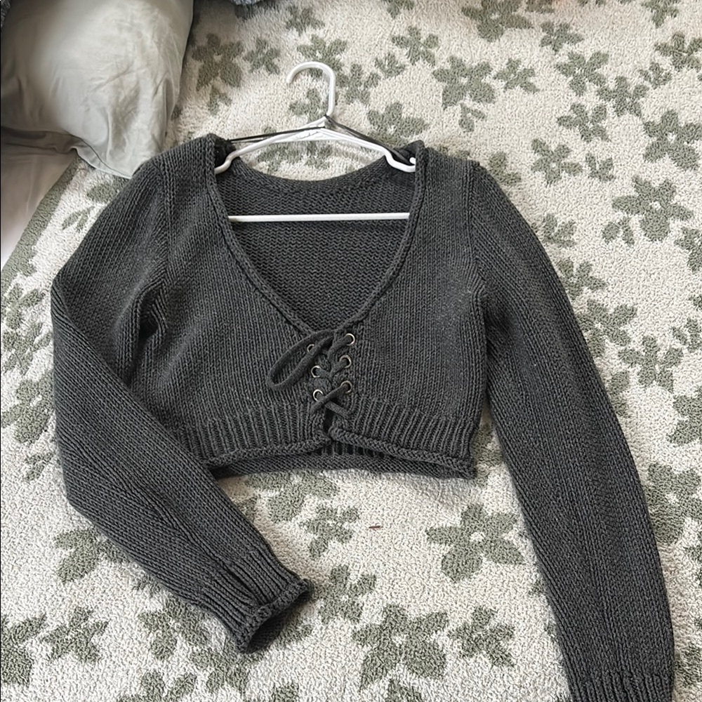 Gray Knit Cropped Sweater with Lace-Up Front